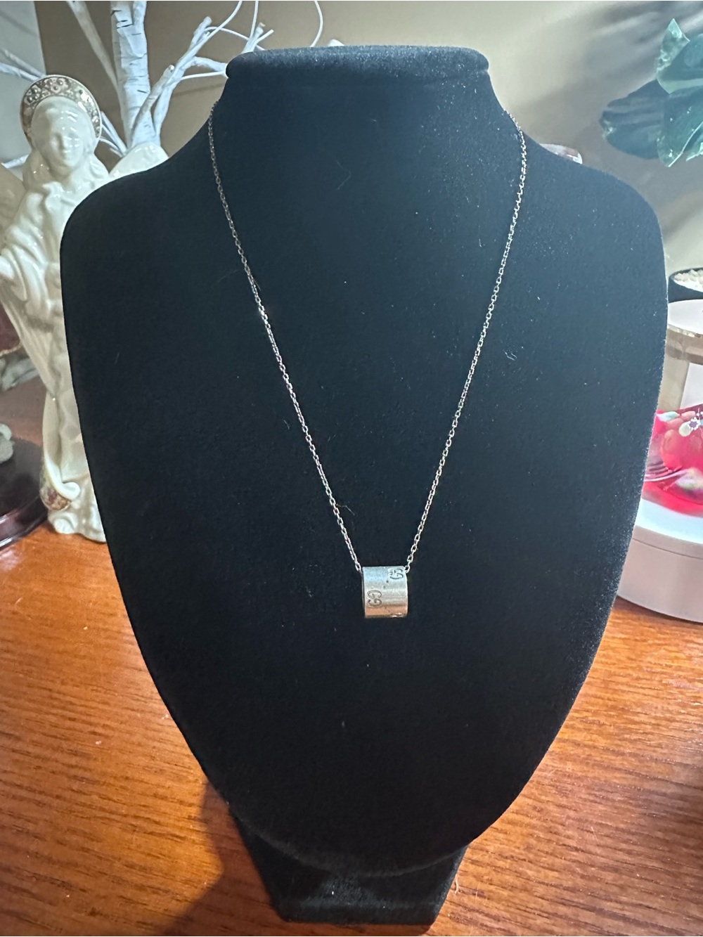 Fashion G G silver Engraved Barrel Pendant Necklace tested at local jeweler SS